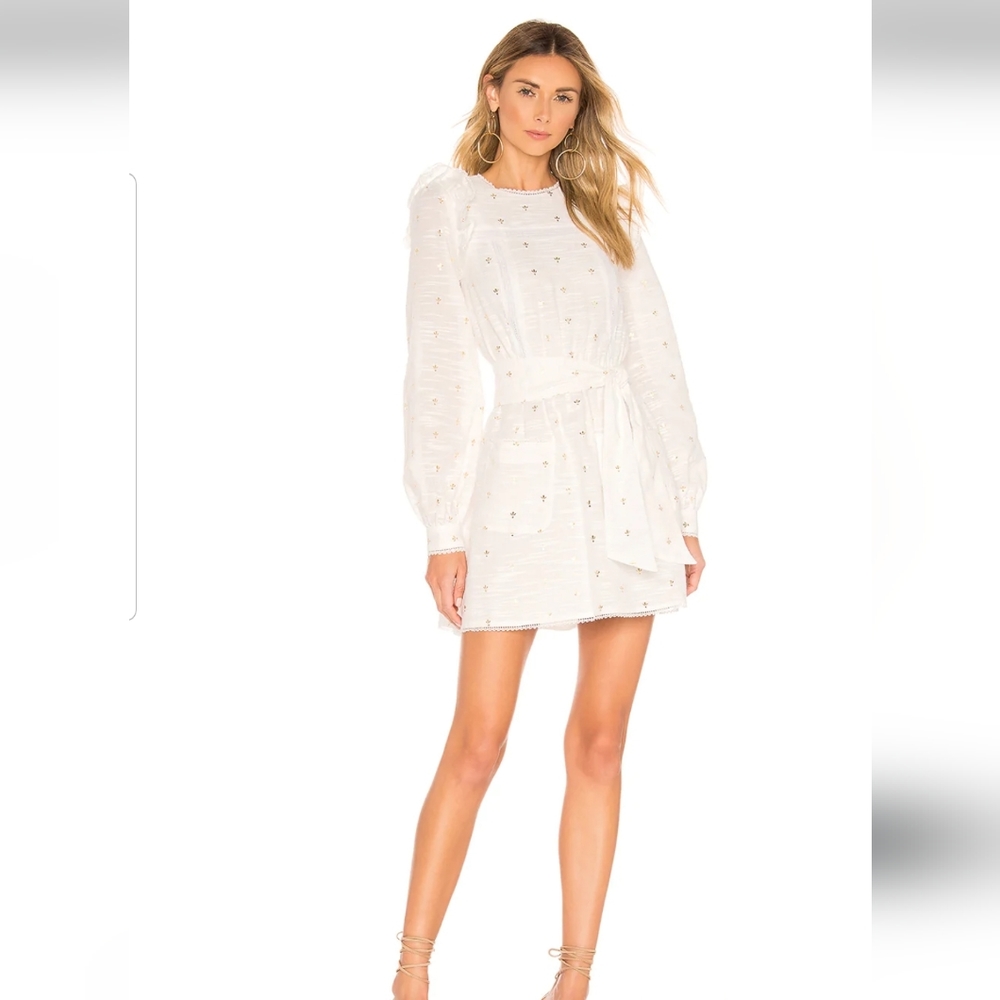 Tularosa White Charlotte Belted Gold Metallic Accent Long Sleeve Mini Dress M